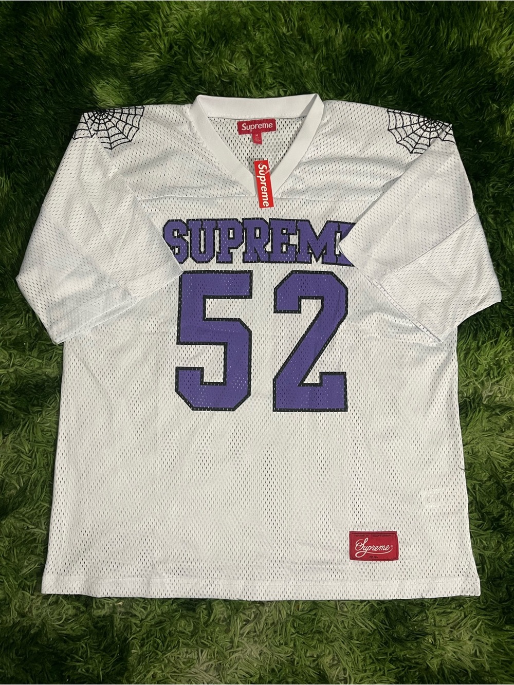 Supreme White Mesh Jersey with Purple '52'